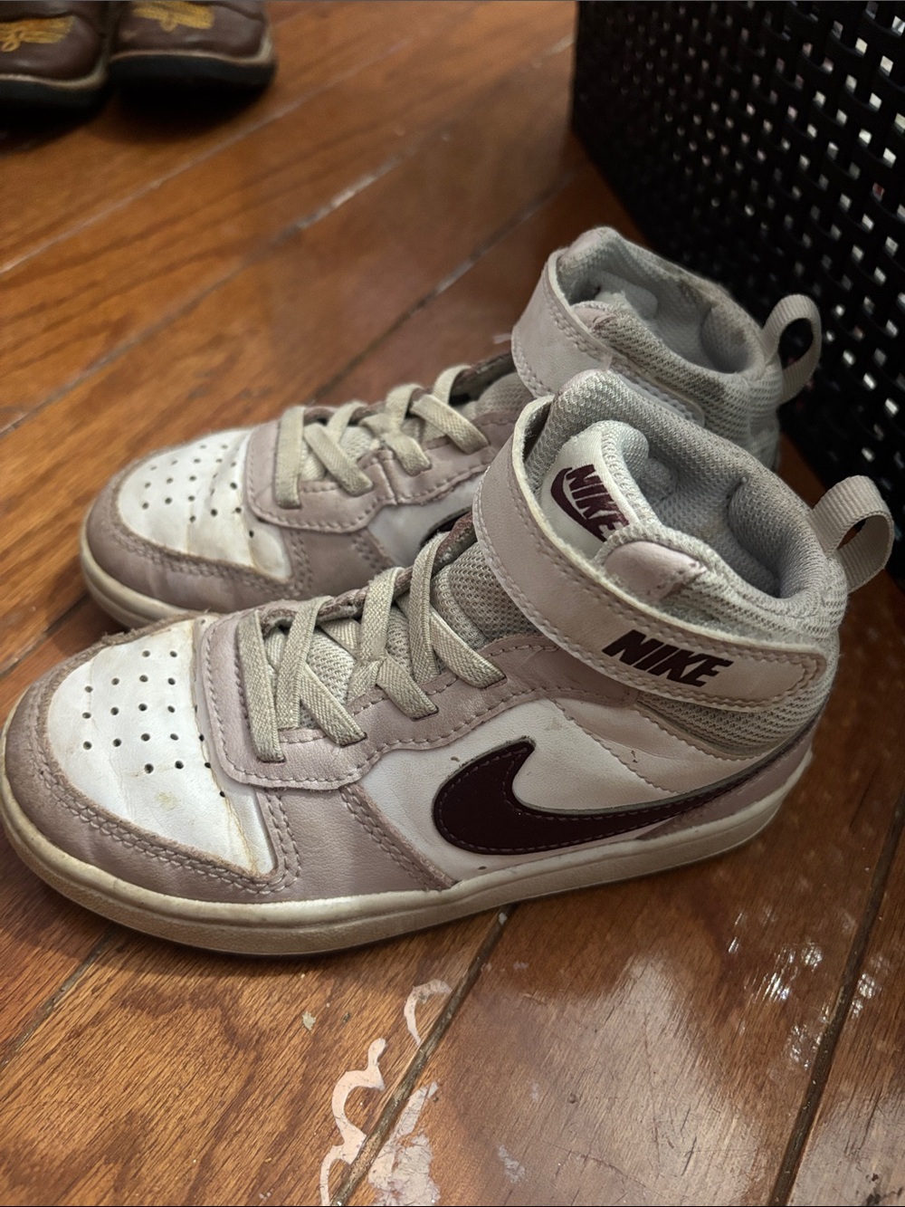 Nike Kids High-Top Sneakers in White, Light Gray, and Maroon